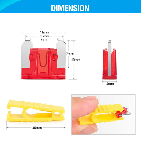 140 Pcs Low Profile Mini Blade Fuse Assortment Kit With Transparent Housing For Cars Trucks Suvs And Rv Badass Electrical Protection Straight Up Must Haves dimensions showing red fuse and yellow puller