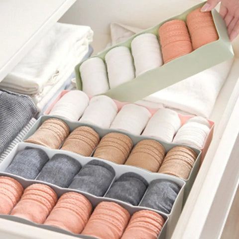 Six Piece Plastic Underwear Organizer Box For Drawer Dividers And Sock Keeper, neatly arranged socks in dresser organizer.
