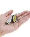 Pro Grade Dial Test Indicator Gauge 0 To 0.8 Mm, 0.01 mm Accuracy with yellow dial face and sleeves shown on a hand for size