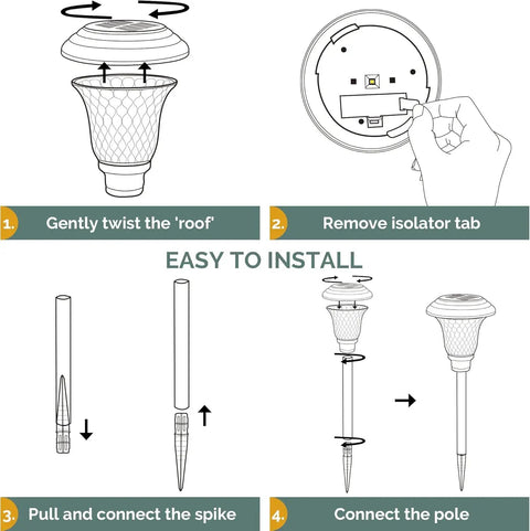Installation steps for 8 Pack Solar Pathway Lights Outdoor Warm White 3500K Waterproof LED Path Lights For Yard Patio Garden Walkway.