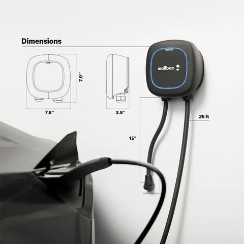 Pulsar Plus Level 2 40 Amp EV Charger Delivers 9.6kW At 240V Indoor Outdoor 25ft Cable NACS For Tesla wall-mounted with dimensions