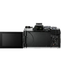 Rugged Micro Four Thirds Weather Sealed Camera With 5 Axis Image Stabilization, shown from the back with flipped-out screen.