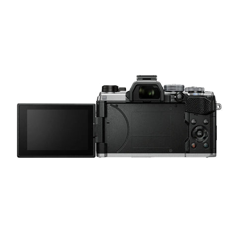 Rugged Micro Four Thirds Weather Sealed Camera With 5 Axis Image Stabilization, shown from the back with flipped-out screen.
