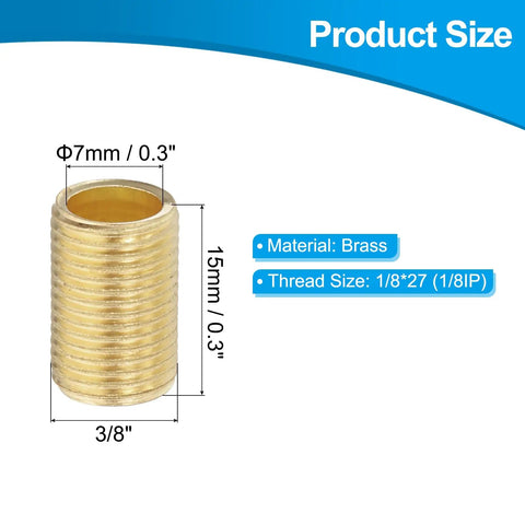 Straight Up Durable Heavy Duty Brass Lamp Pipe Nipples 5 Pack Slick Finish 1/8IP Thread Solid Couplers For Lighting Fixtures Rust Resistant Pipe Fittings Easy Setup For Weekend Tinkerers And Fast Home Repairs showing dimensions and material.