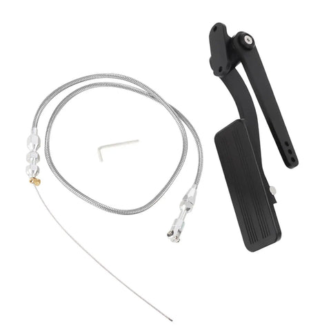 Heavy Duty Mechanical Throttle Pedal Cable Assembly Featuring 36 Inch Accelerator Linkage, black pedal with stainless steel cable.
