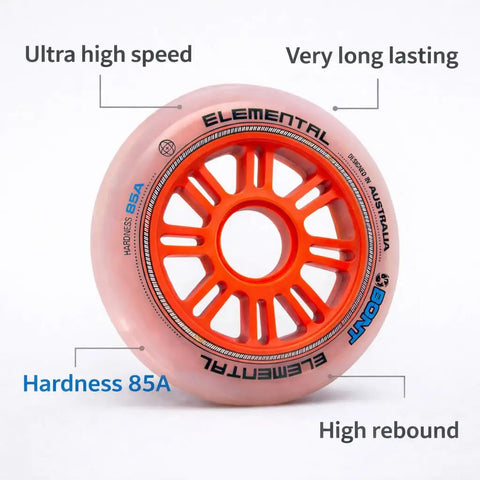 Elemental Inline Speed Skate Wheels 90mm Set Of 8 85A Urethane With Orange Hub