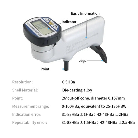 Barcol Hardness Tester Digital Portable Indentation Type Durometer For Aluminum Alloy Copper And Plastics With One Hand Operation Clear Digital Display Showing Four Units High Precision Lightweight And Easy To Use For Field And Lab Testing showing digital display and labeled parts including indicator and legs