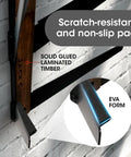 Five Tier Skateboard Wall Mount Rack With Rustic Wood And Black Steel Hooks For Tight Garages showing scratch-resistant EVA form pad details.