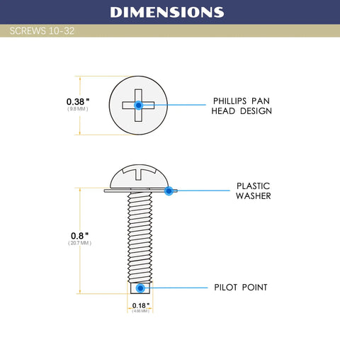 Dimensions of 10-32 Rack Screws 100 Pack Solid Zinc Plated Carbon Steel with Phillips head and plastic washer.