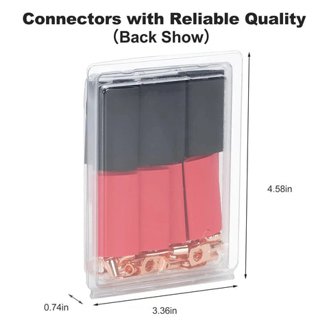 Heavy Duty Copper Wire Lugs Kit 20 Pcs Bare Copper Ring Terminals For 12 To 10 AWG Cables One Quarter Inch M6 Ends Marine Grade Battery Cable Lugs With 20 Pcs Three To One Heat Shrink Tubing For Quick Easy Secure Connections in plastic packaging with dimensions.