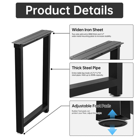 Heavy Duty Metal Table Legs For Dining Desk Bench And Coffee Table Industrial Black Iron Set Of 2 28 Inches High By 18 Inches Wide Built To Last With Dual Side Plates And Height Adjustable Rubber Feet, product details close-up with features highlighted.
