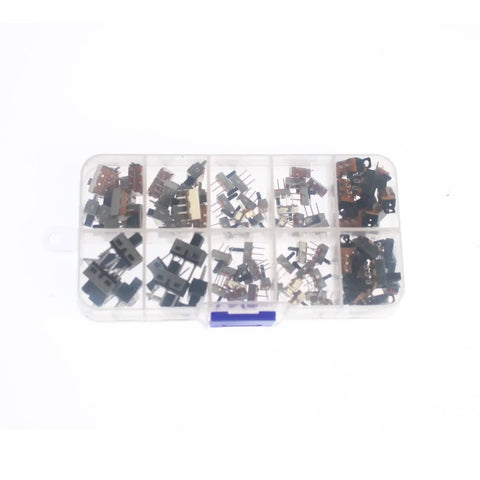 Ultra Compact Mini Micro Slide Switch Kit With 90 Pieces 1P2T 2 Position 3 Pin SPDT Toggle Switches in plastic case