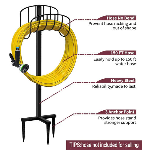 Freestanding Garden Hose Holder And Organizer Stand For Outdoor Use, Heavy Duty Metal Caddy Holds Up To 150 Feet Of Hose