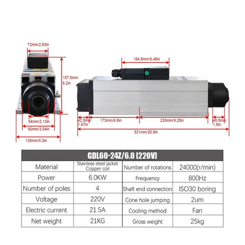 Built Like A Tank Atc Air Cooled Automatic Tool Changing Spindle With Stable Power Output And Superior Heat Dissipation For High Speed Cnc Boring Operations At 24000 Rpm shown with dimensions.