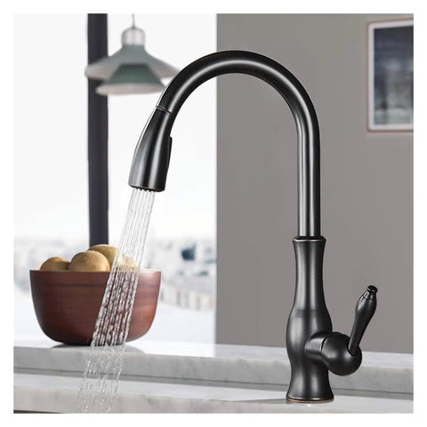 GAZOGJ Black Kitchen Faucet Pull Down Sink Mixer Tap 360°Rotation Single Lever Water Crane Durable Chrome Finish in use.