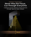 XTool P2S 55W CO2 laser cutter with silver enclosure, dual cameras, and yellow focus beam over a wooden surface.