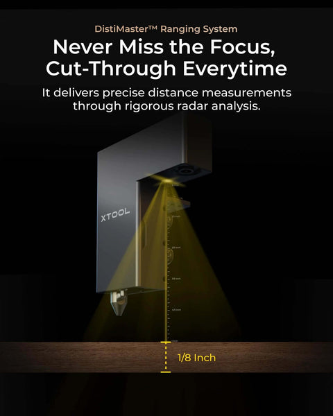 XTool P2S 55W CO2 laser cutter with silver enclosure, dual cameras, and yellow focus beam over a wooden surface.