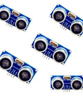 Five HC-SR04 Ultrasonic Range Finder Modules for Arduino and DIY builders, blue circuit board, plug-and-play design