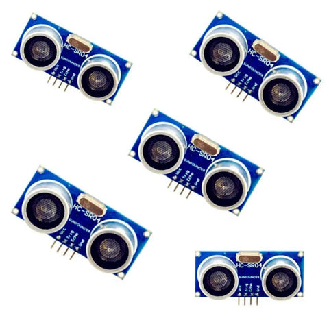 Five HC-SR04 Ultrasonic Range Finder Modules for Arduino and DIY builders, blue circuit board, plug-and-play design