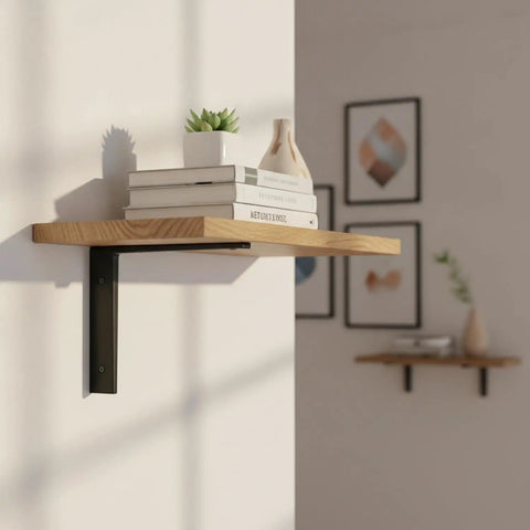 Z Shaped Carbon Steel Wall Bracket For Floating Shelves Beefy Heavy Duty Black Mounting Bracket shown with wooden shelf and decor