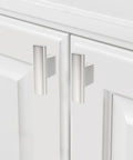 Set Of 15 Brushed Satin Nickel Kitchen Cabinet Knobs And Drawer Pulls For Cabinets, Cupboards And Drawers, installed on white doors