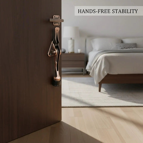 Foot Activated Door Stop With Weighted Zinc Alloy Base for hands free entry, visible on bedroom door with copper finish