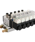 Five Station Solenoid Valve Manifold, 110V AC, 5 Way 2 Position Pneumatic Air Valve, 1/4 Inch PT Port with manifold base