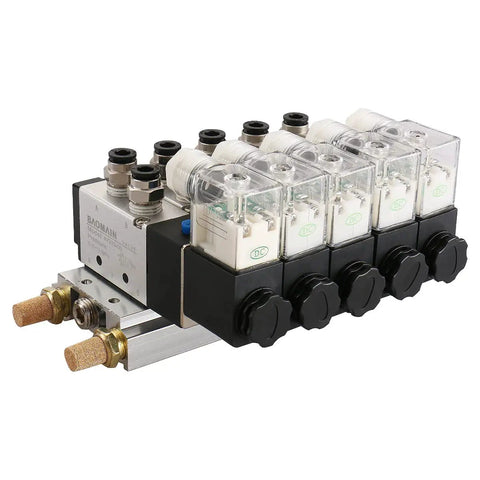 Five Station Solenoid Valve Manifold, 110V AC, 5 Way 2 Position Pneumatic Air Valve, 1/4 Inch PT Port with manifold base