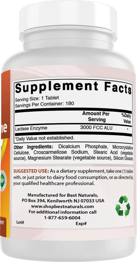 Straight Up Fast Acting Lactase Enzyme Tablets, 3000 FCC Units in a 180 count bottle with supplement facts label.