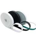 Open Timing Belt 5mm Pitch Polyurethane Drive Conveyor Belt In 10mm 15mm 20mm 25mm 30mm Widths, 5 Meters Long, Green Built Tough PU Synchro Belt For Precise, Low Slippage Power Transmission. Green PU timing belts in multiple widths on white background