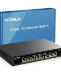 8 Port 10G Ethernet Unmanaged Switch With 8x 10Gb Base-T Ports in black metal case, shown with packaging