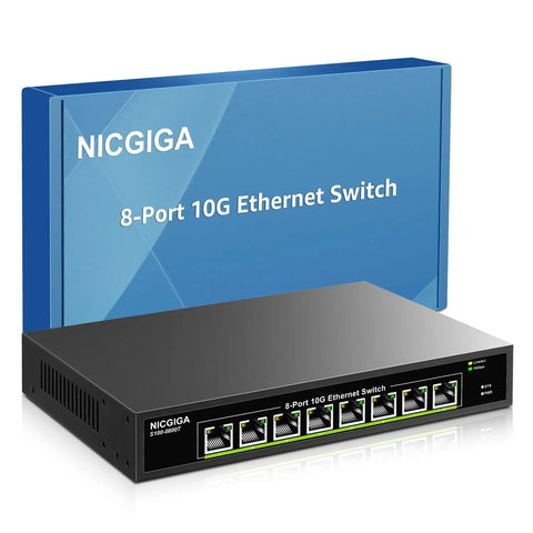 8 Port 10G Ethernet Unmanaged Switch With 8x 10Gb Base-T Ports in black metal case, shown with packaging