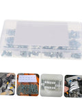 260 Piece Grease Fitting Kit With Storage Box Includes 90 Degree 45 Degree And Straight Hydraulic Fittings For Cars SAE And Metric Sizes Easy Organization And Sizing Chart Included, transparent box with fittings.