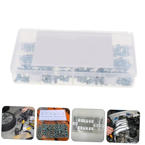 260 Piece Grease Fitting Kit With Storage Box Includes 90 Degree 45 Degree And Straight Hydraulic Fittings For Cars SAE And Metric Sizes Easy Organization And Sizing Chart Included, transparent box with fittings.