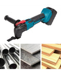 Cordless Battery Angle Grinder With Variable Speed And Low Vibration Ergonomic Handle, showcased with metal pipes and wood panels.