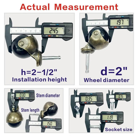 Measurements of Antique Brass 2 Inch Heavy Duty Furniture Casters with 5/16 By 1-1/2 Inch M8 Grip Neck.