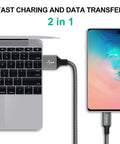 6ft USB A To USB C Cable 2 Pack Fast Charging Cord Type C Charger High Speed 3A Output QC 3.0 Compatible Data Sync Up To 480 Mbps Dope Durable Nylon Braided Cable connected to laptop and phone for fast charging and data transfer