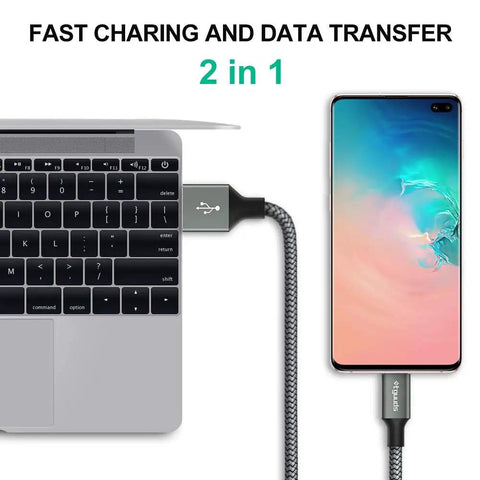 6ft USB A To USB C Cable 2 Pack Fast Charging Cord Type C Charger High Speed 3A Output QC 3.0 Compatible Data Sync Up To 480 Mbps Dope Durable Nylon Braided Cable connected to laptop and phone for fast charging and data transfer