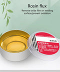 Open tin of Premium Solder Rosin Flux Paste with lid showing text, used for circuit boards and electronics repair.