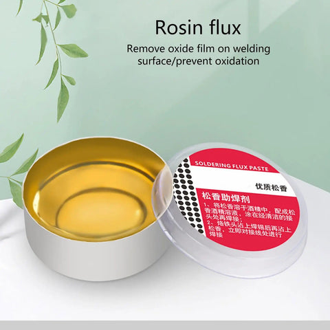 Open tin of Premium Solder Rosin Flux Paste with lid showing text, used for circuit boards and electronics repair.