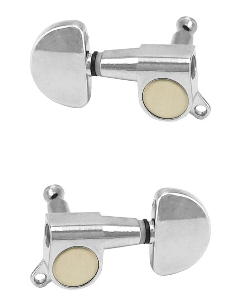 Two chrome guitar tuning pegs; front and side views with cream knobs.