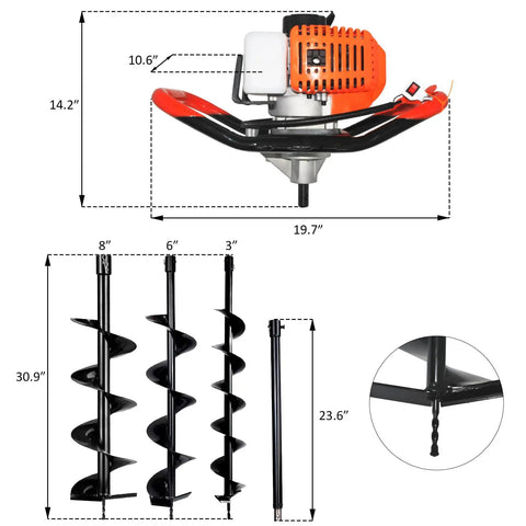 Beast Of A Gas Powered Post Hole Digger With 62cc Two Stroke Engine Earth Auger Kit Includes 3 Drill Bits 3 Inch 6 Inch 8 Inch Dimensions