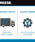 Heavy Duty Universal Trailer Coupler Lock secures trailer with ratchet design and 6 locking positions for enhanced safety.