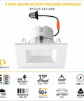 AH Lighting 6 Inch Square 5CCT Recessed Retrofit Downlight Dimmable with Baffle Trim - UL Certified - 12 Pack specifications layout