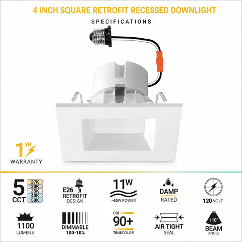 AH Lighting 6 Inch Square 5CCT Recessed Retrofit Downlight Dimmable with Baffle Trim - UL Certified - 12 Pack specifications layout