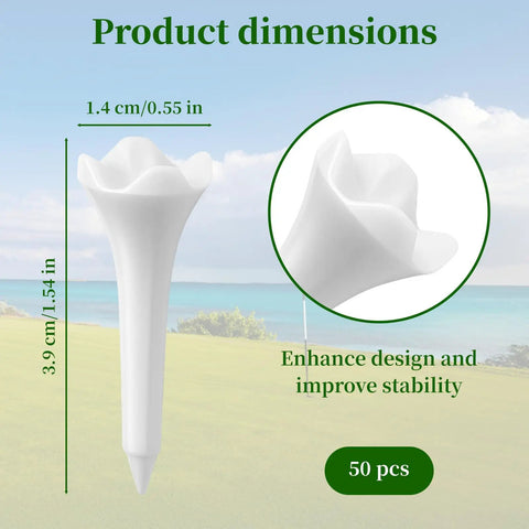 50 Pack Plastic Golf Tees 1.5 Inch Short Tees For Irons, Durable, Low Friction Design, White, Dimensions 1.54 in x 0.55 in