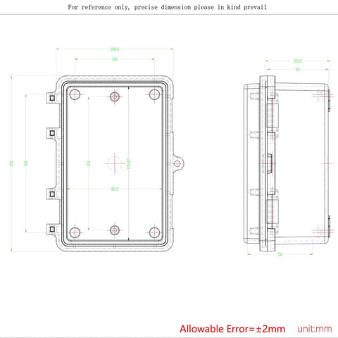 Front and side views of Otdorpatio project box with hinged black cover, IP67 waterproof ABS, 5.9x3.9x2.8 in