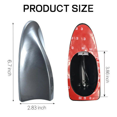 Shark Fin Antenna Cover For Car Made From Tough ABS Waterproof Dustproof And Sunproof With A Sleek Piano Finish And Easy Adhesive Tape Install Top Mounted Decorative Roof Aerial For AM FM Radio Signal Base Universal Gray showing dimensions and bottom base adhesive.