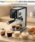 Kitchen MVP 20 Bar Espresso Machine With Built In Milk Frother And Stainless Steel Coffee Maker featuring multiple coffee drinks.
