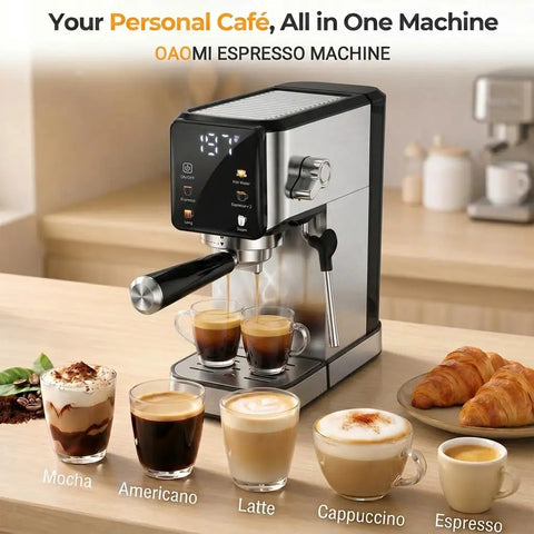 Kitchen MVP 20 Bar Espresso Machine With Built In Milk Frother And Stainless Steel Coffee Maker featuring multiple coffee drinks.